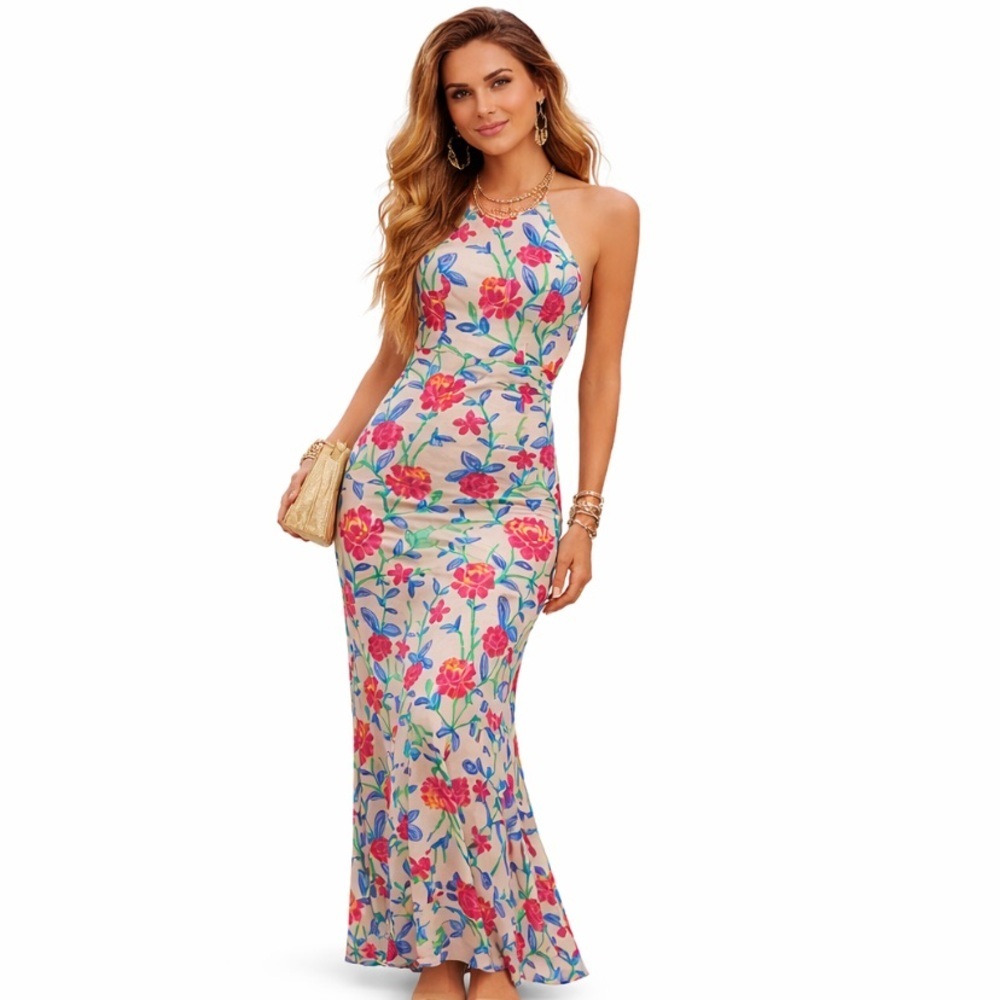 Mystic Tan Floral Emboridered Romantic Cottagecore Halter Maxi Gown Dress Size S